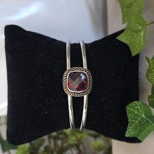 Silver Steel Open Cuff Bracelet with CZ Red Crystal Stone